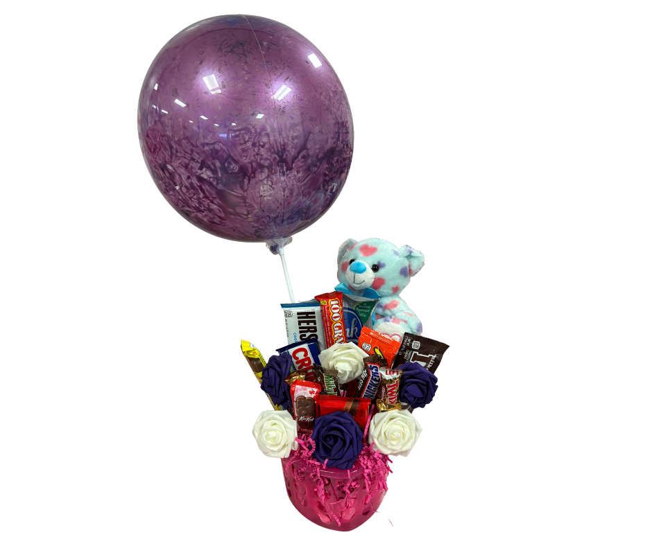 Candy Bouquet With Stuffed Animal, Balloon, & Flowers
