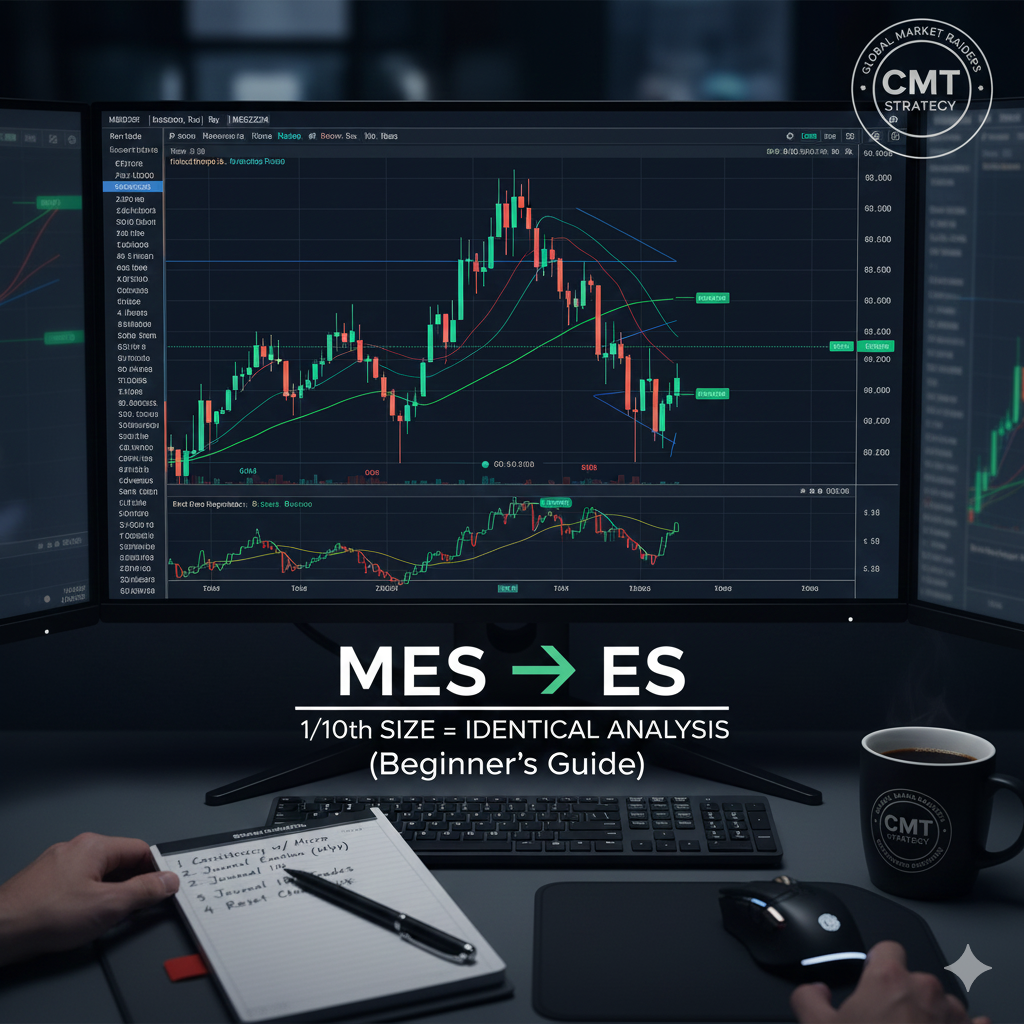 Professional multi-monitor trading desk displaying Micro E-mini (MES, MNQ) and E-mini futures charts