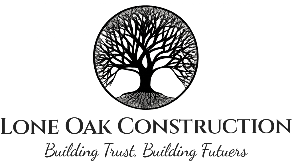 Logo for Lone Oak Construction with a tree within a circle, and the text "Building Trust. Building Futures".