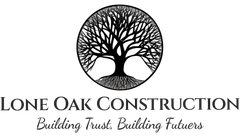 Logo for Lone Oak Construction with a tree within a circle, and the text "Building Trust. Building Futures".