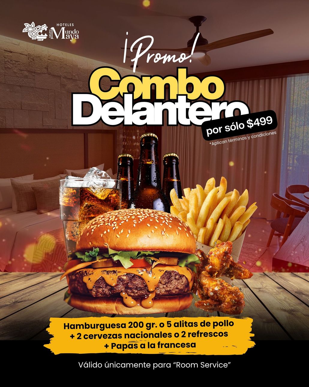 Promo de combo Delantero con hamburguesa, papas, bebidas y aros de cebolla en mesa rústica.