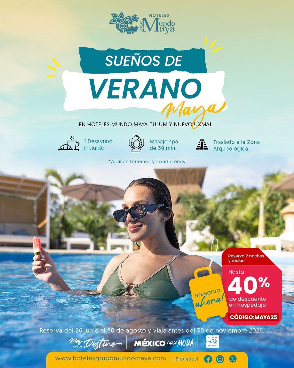 Mujer en piscina con bebida, anuncio de vacaciones de verano Maya con descuento 40%
