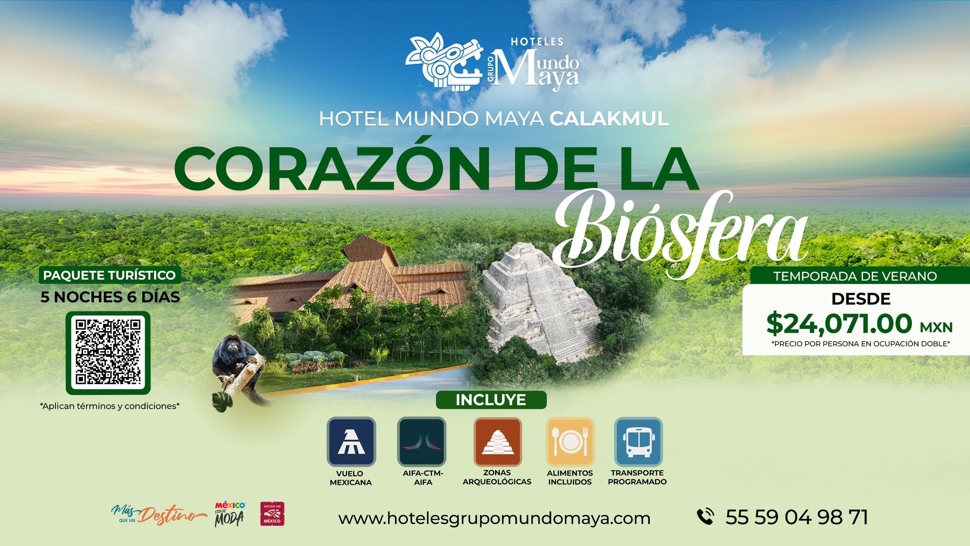 Anuncio del hotel Corazón de la Biosfera en las montañas verdes, con código QR, precio e iconos de servicios.