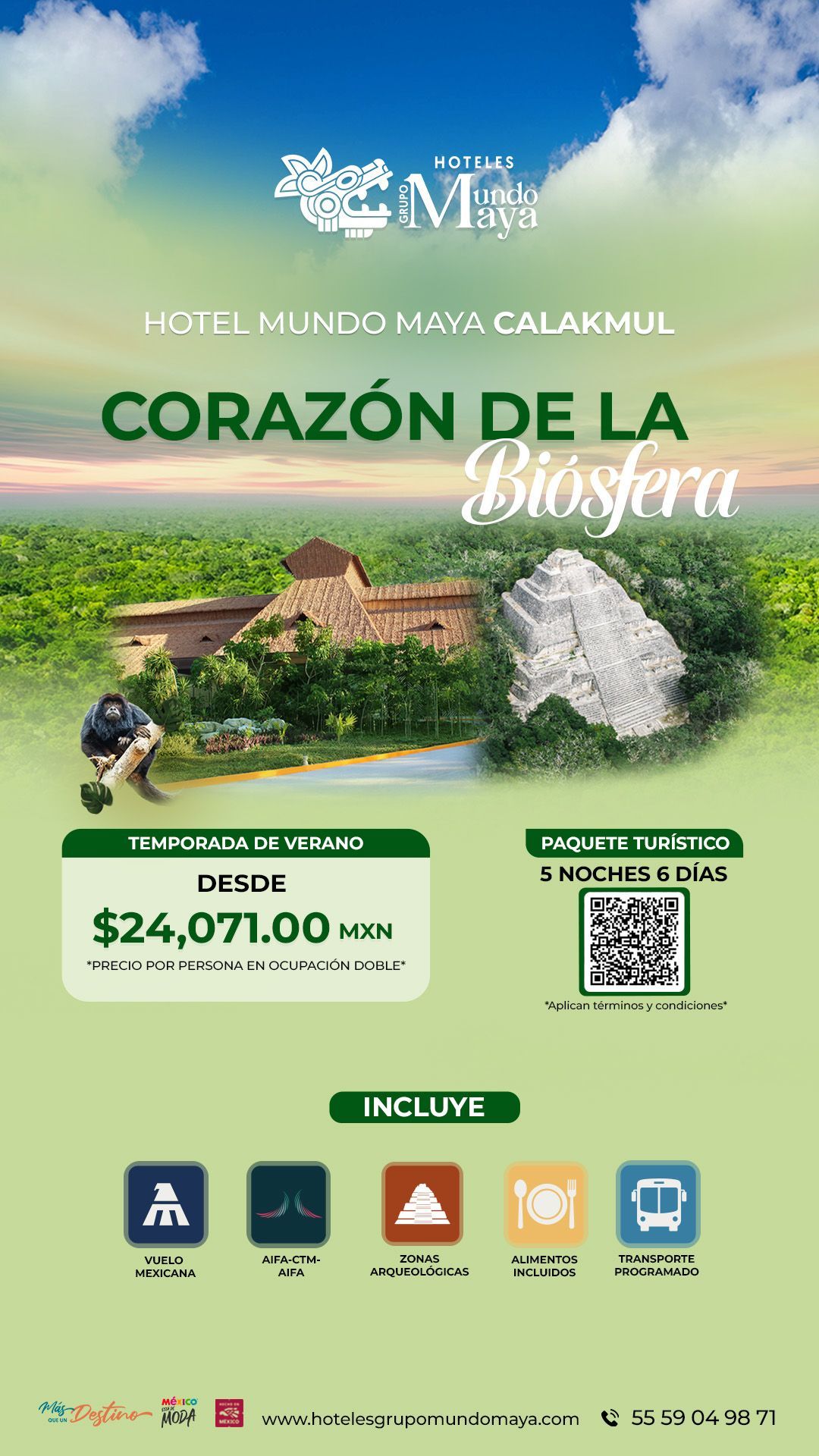 Promoción del Hotel Munday Maya Calakmul con cabaña en la selva, piscina, precio y código QR sobre fondo verde.