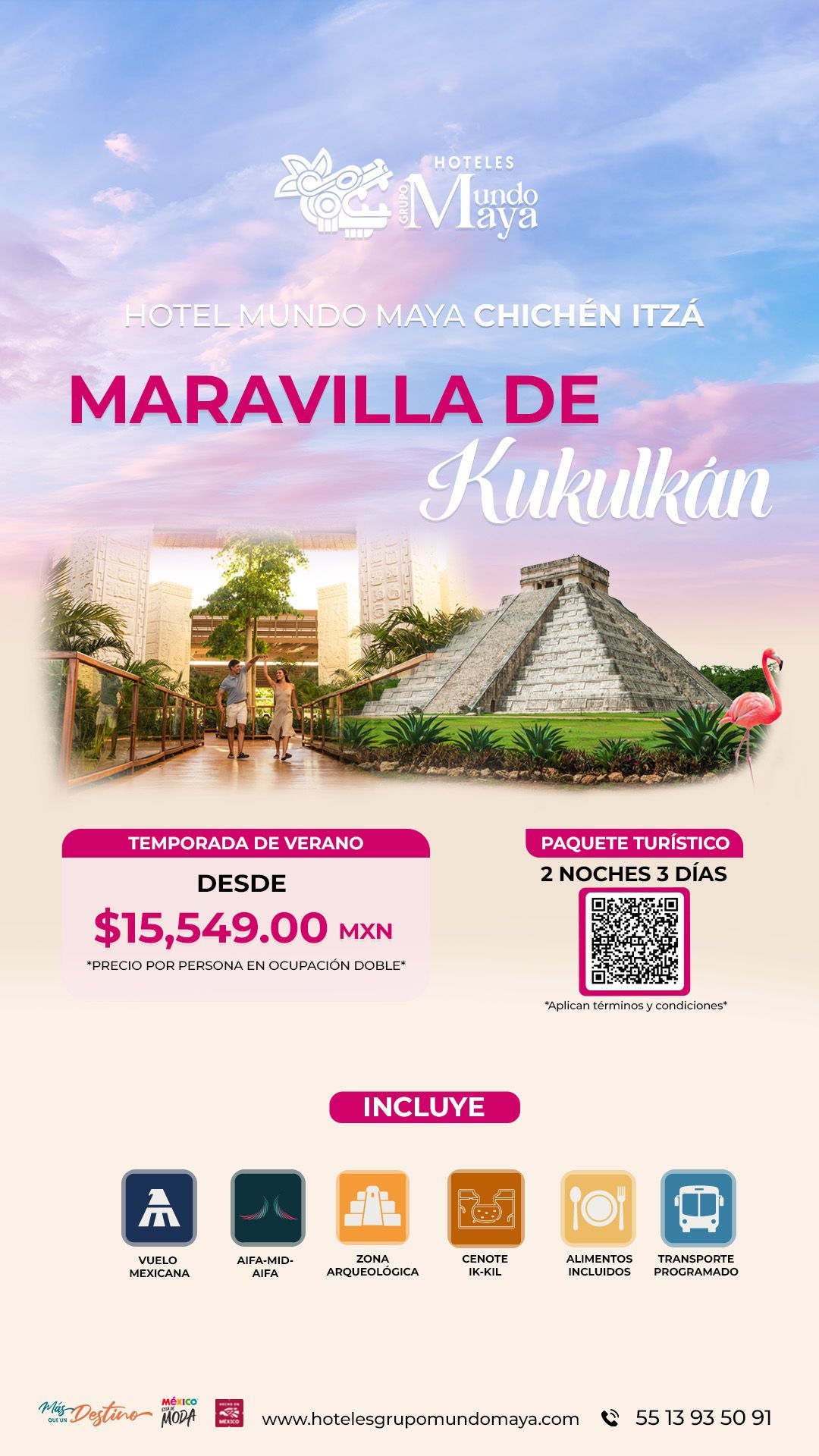 Cartel promocional de “Maravilla de Kukulkan” con imágenes del complejo, precio, iconos de servicios y código QR.