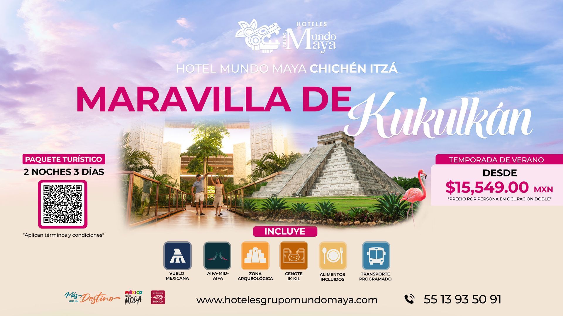 Banner promocional de “Maravilla de Kukulkán” con foto del resort, código QR y precio desde $15,549.00 MXN