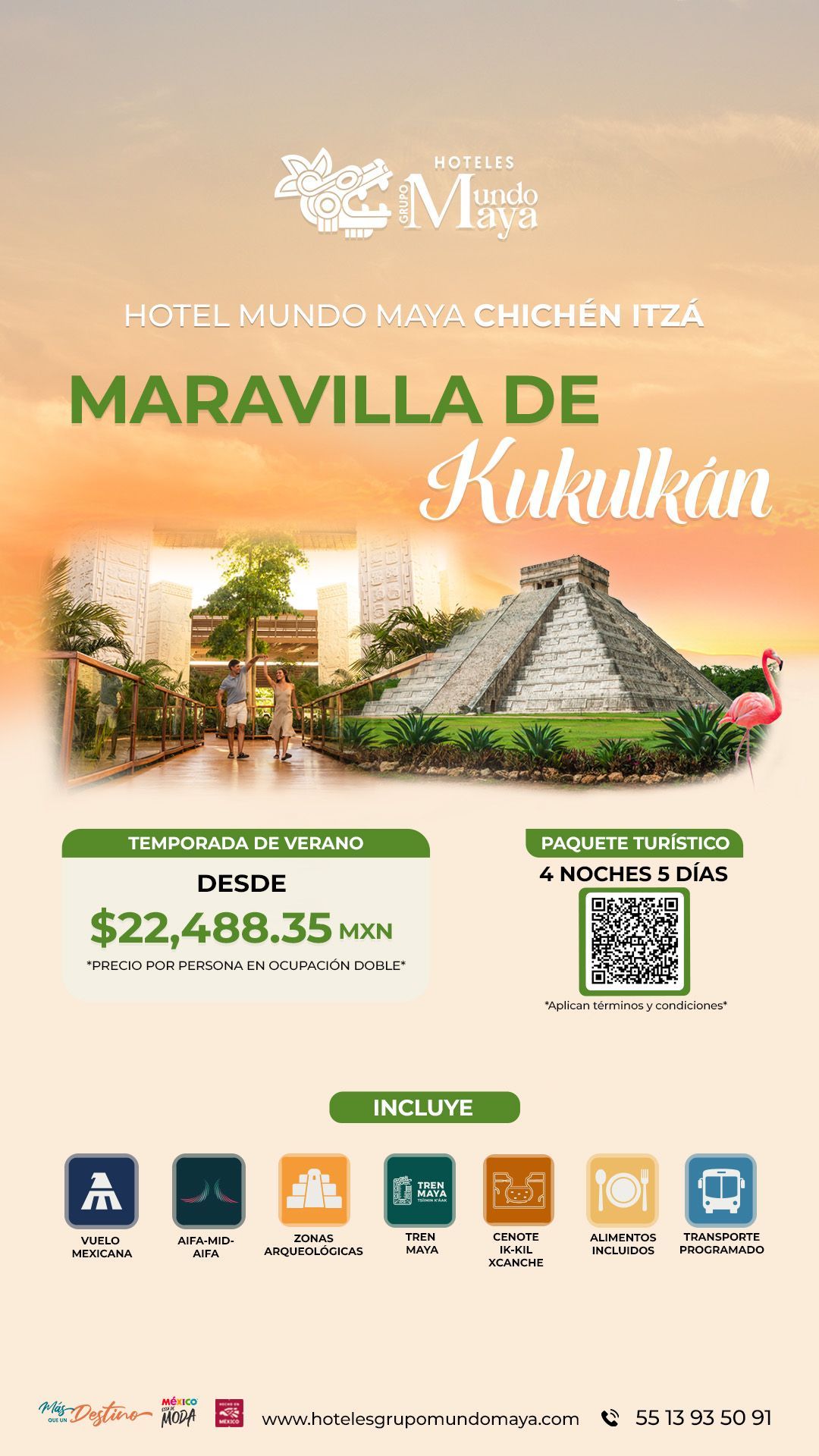 Cartel promocional del Hotel Maya. Maravilla de Kukulcán, con un complejo turístico tropical y código QR.
