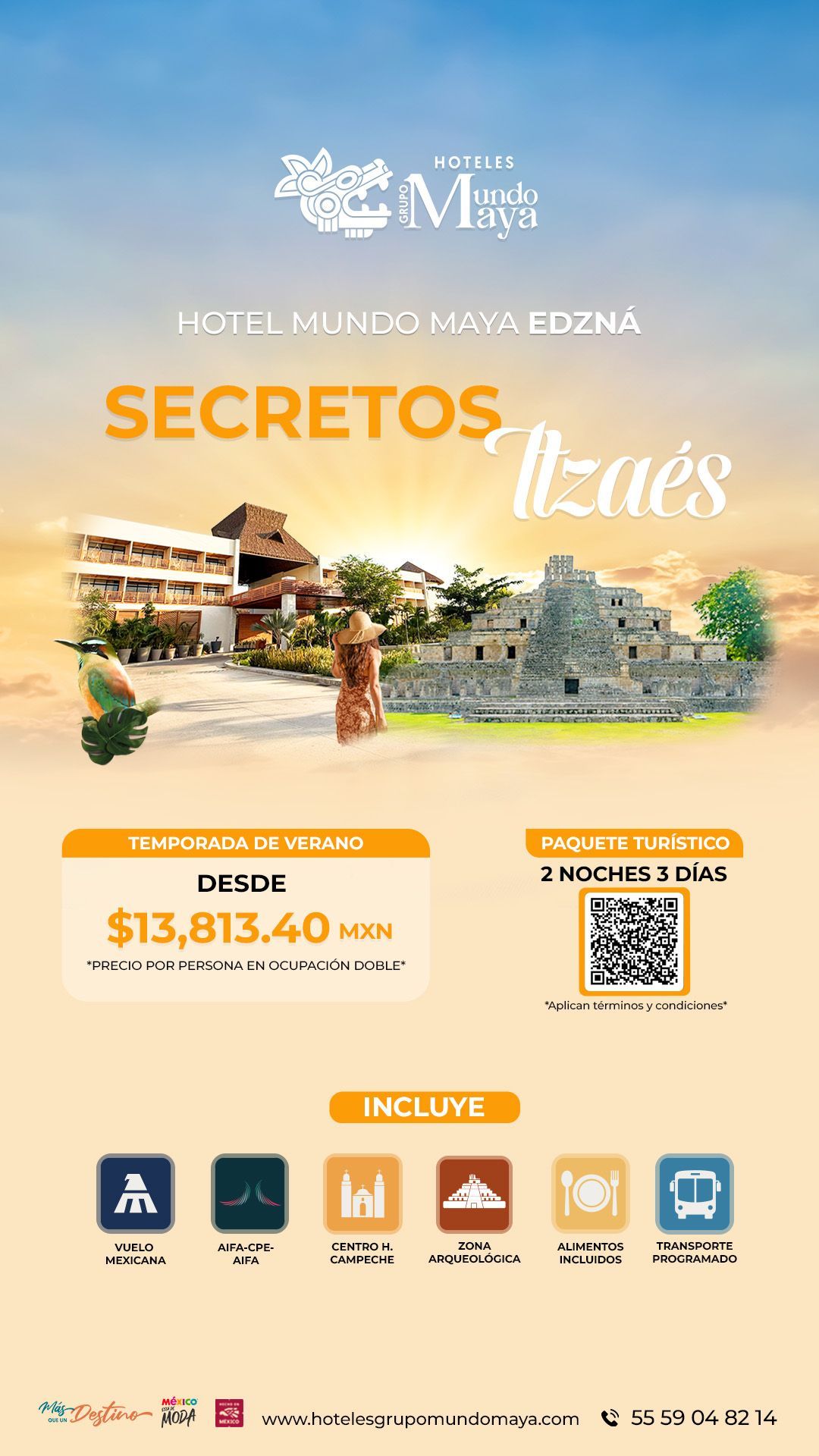 Anuncio del hotel Secretos Mzáes con complejo de playa, piscina, horizonte de la ciudad, atardecer y código QR.