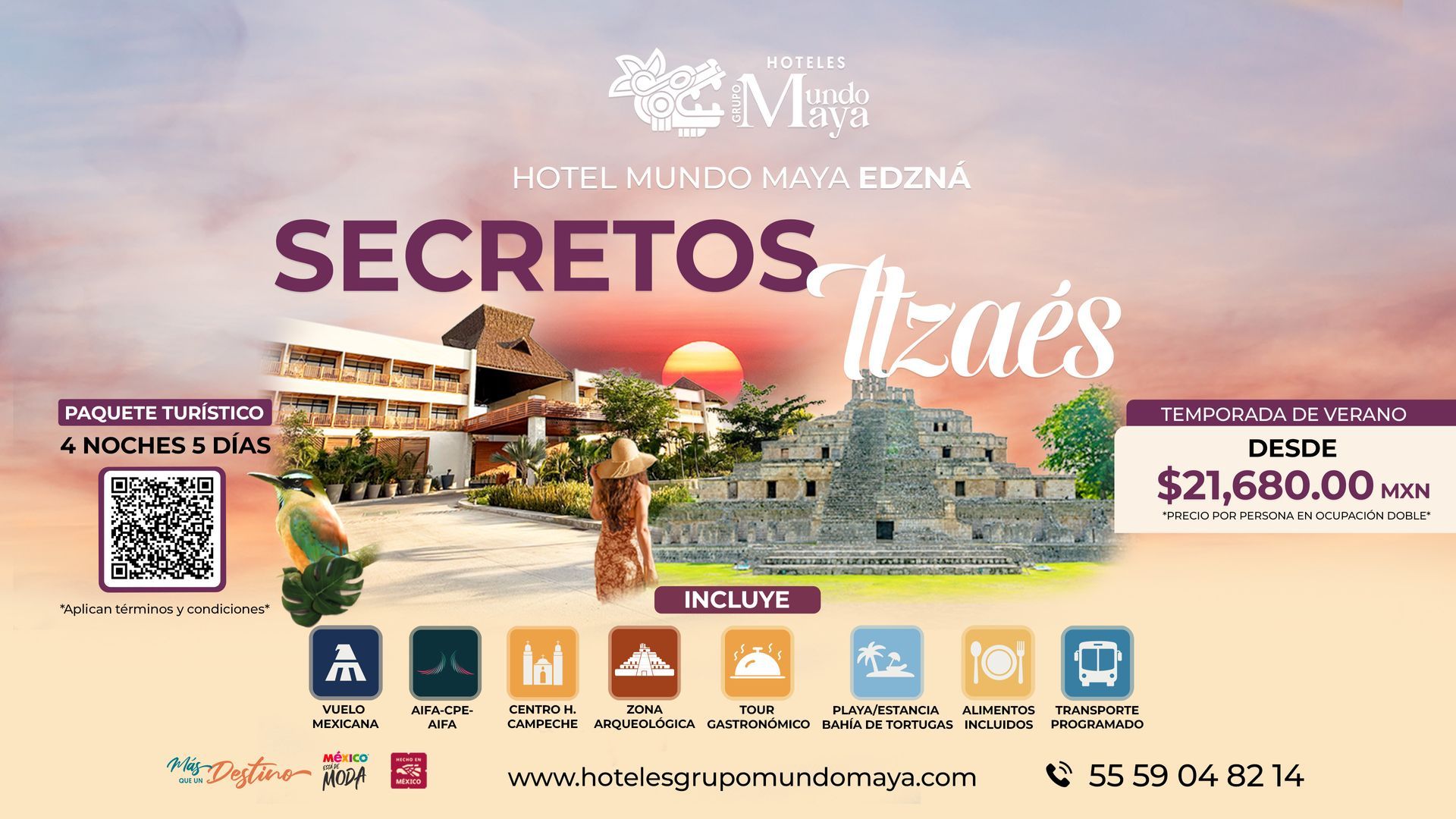 Banner promocional del resort “Secretos de Izés”, escena de playa con atardecer rosado, villas y precio desde $21,680,000 MXN