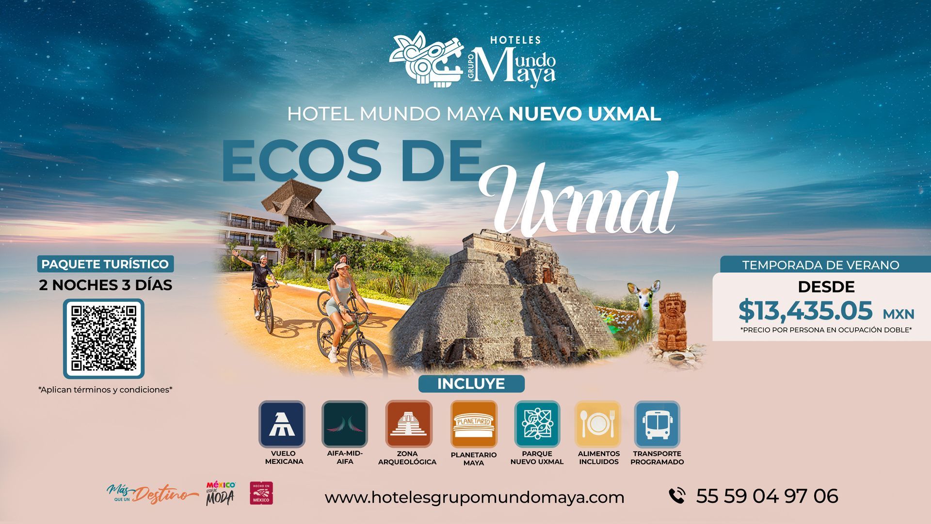 Promoción de invierno del Hotel Muxbal con ciclista en la nieve, cielo azul y precios, además de código QR e información de contacto.