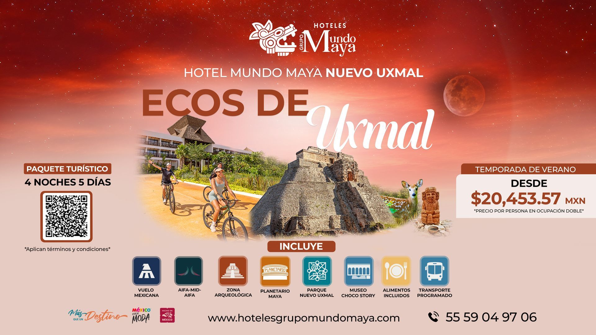 Cartel promocional del Hotel & Temazcal Haxmal, con cenote, iconos turísticos y precio desde $20,453.57.