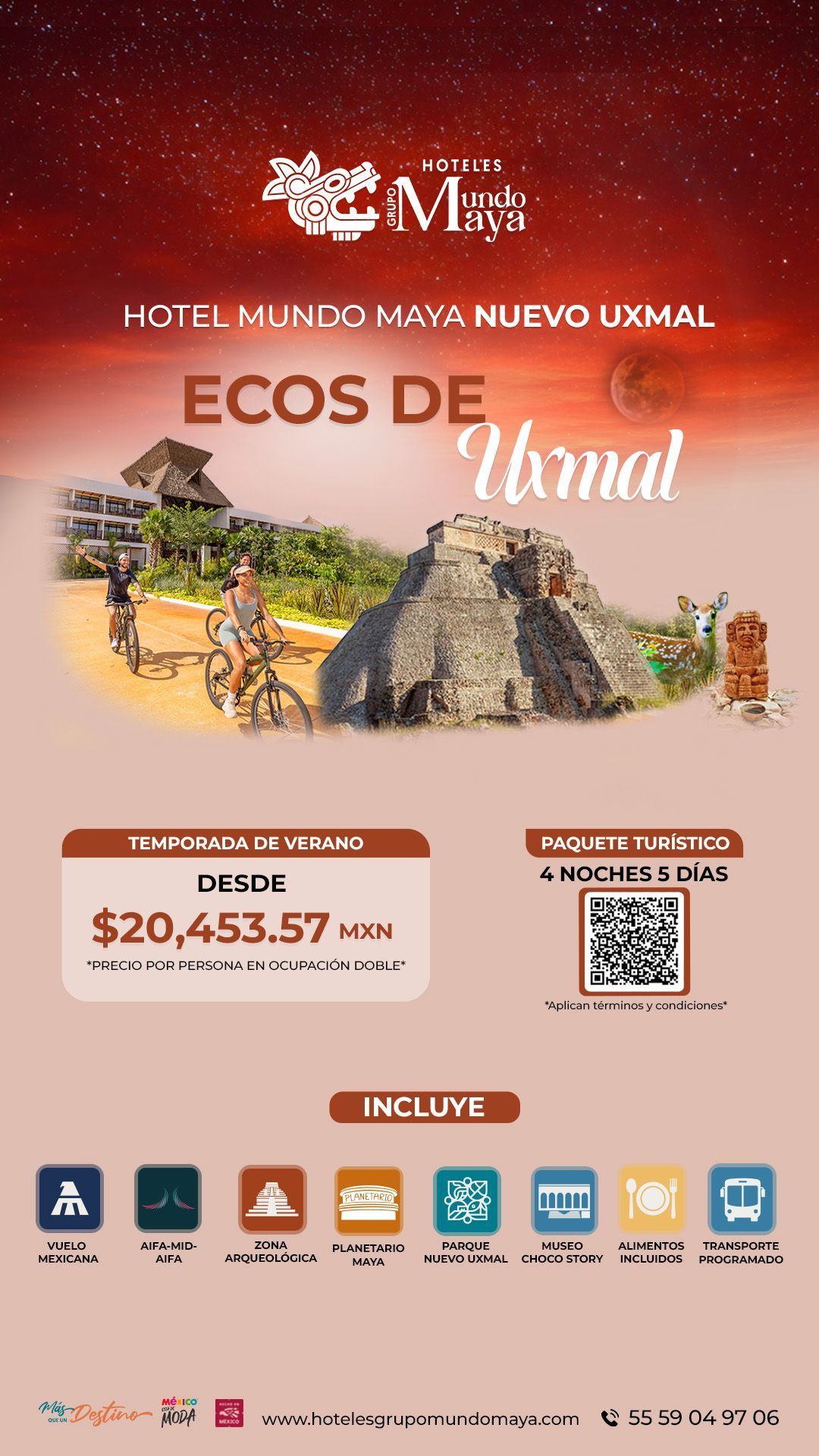 Promotional poster for “Ecos de Uxmal” at Hotel Mundo Maya Nuevo Uxmal, with ruins and travel info