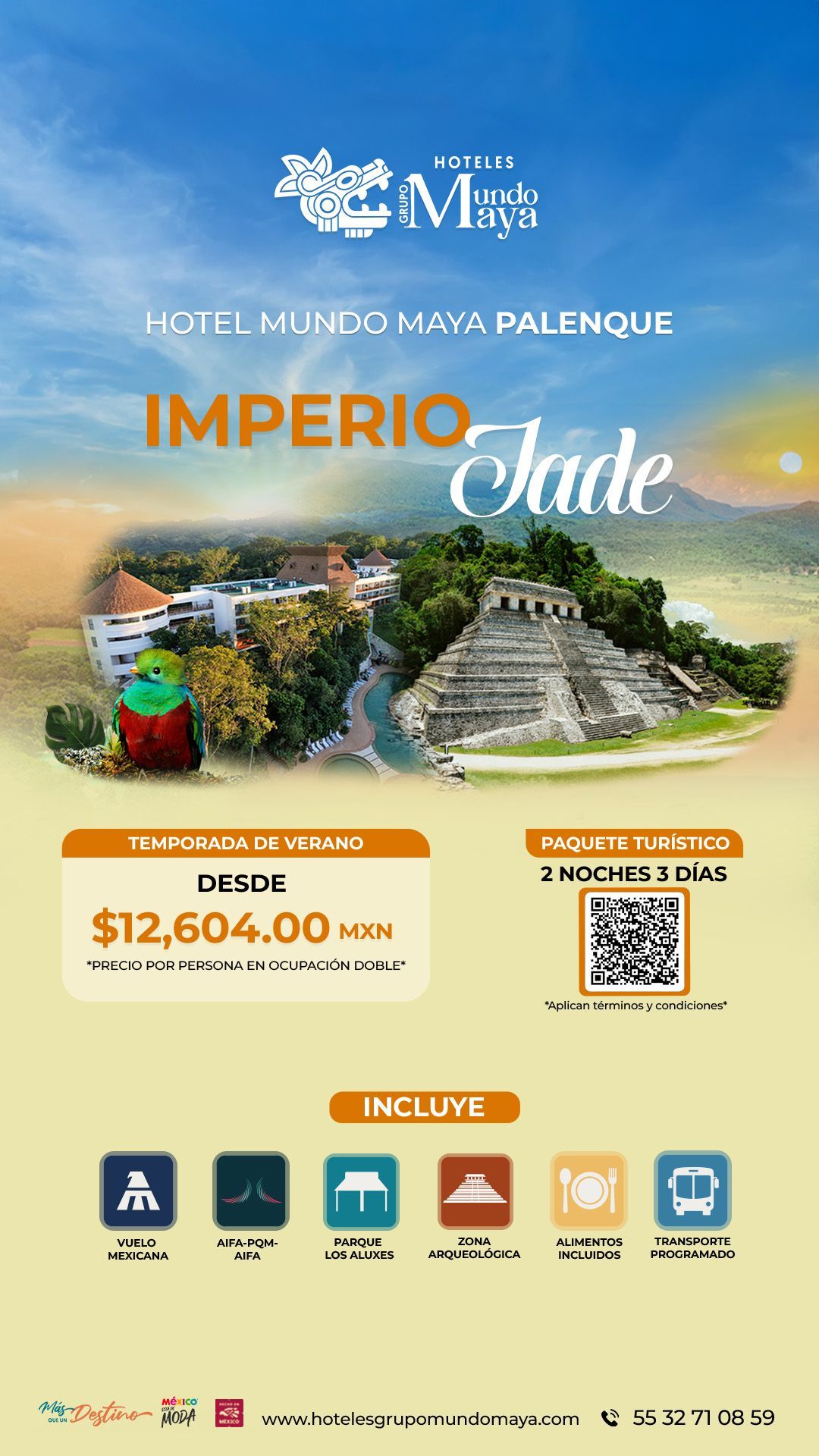 Cartel promocional del Hotel Mova Playa Palenque, Imperio, con vista a la playa, precio, código QR e iconos de servicios.