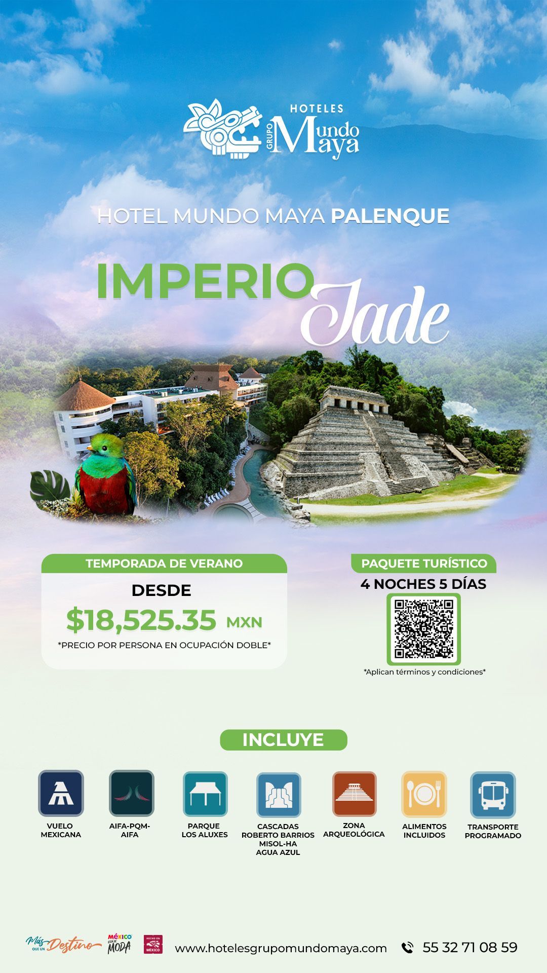 Folleto inmobiliario de Imperio Jade con piscina, puente, jardines, precio y código QR.