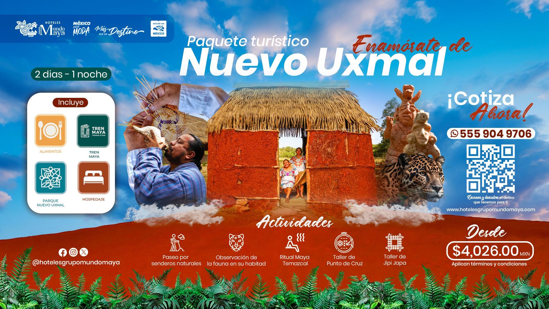 Banner promocional del resort “Secretos de Izés”, escena de playa con atardecer rosado, villas y precio desde $21,680,000 MXN