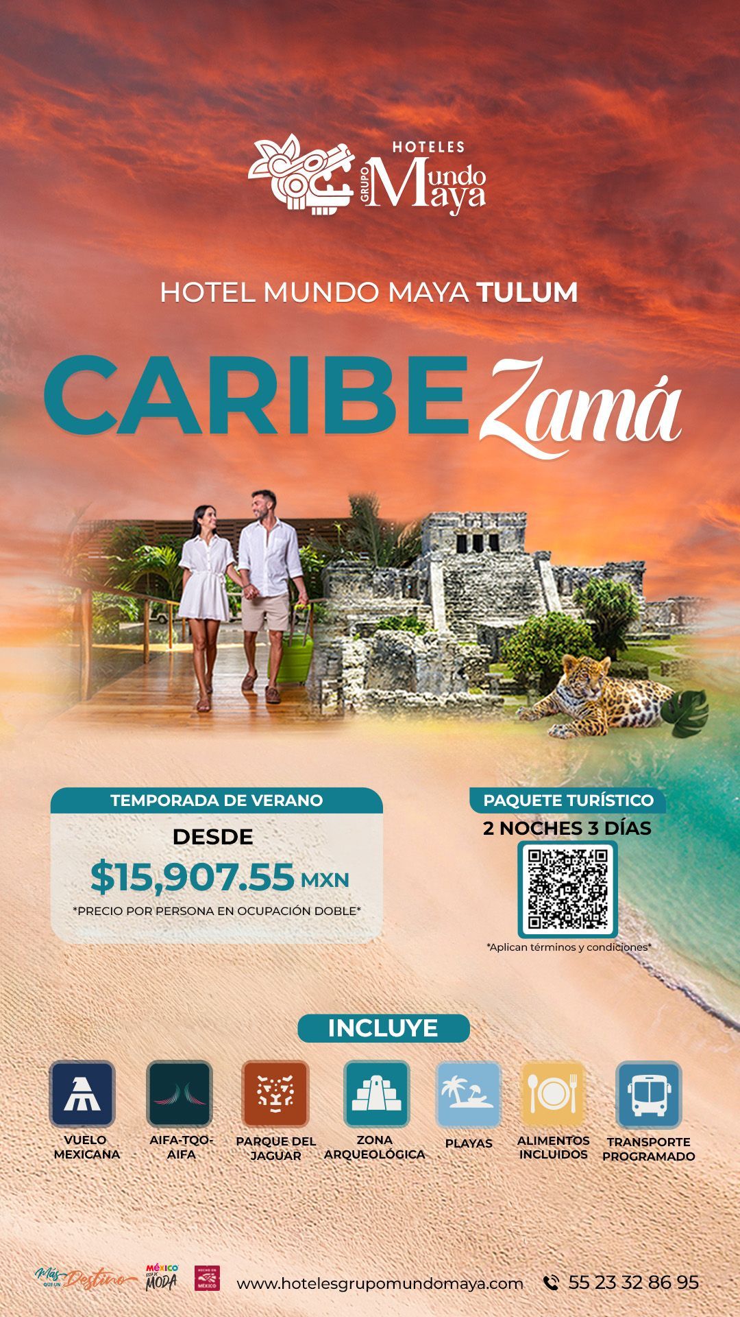 Anuncio del hotel Caribe Zama con playa al atardecer, edificios del complejo, precios y código QR.