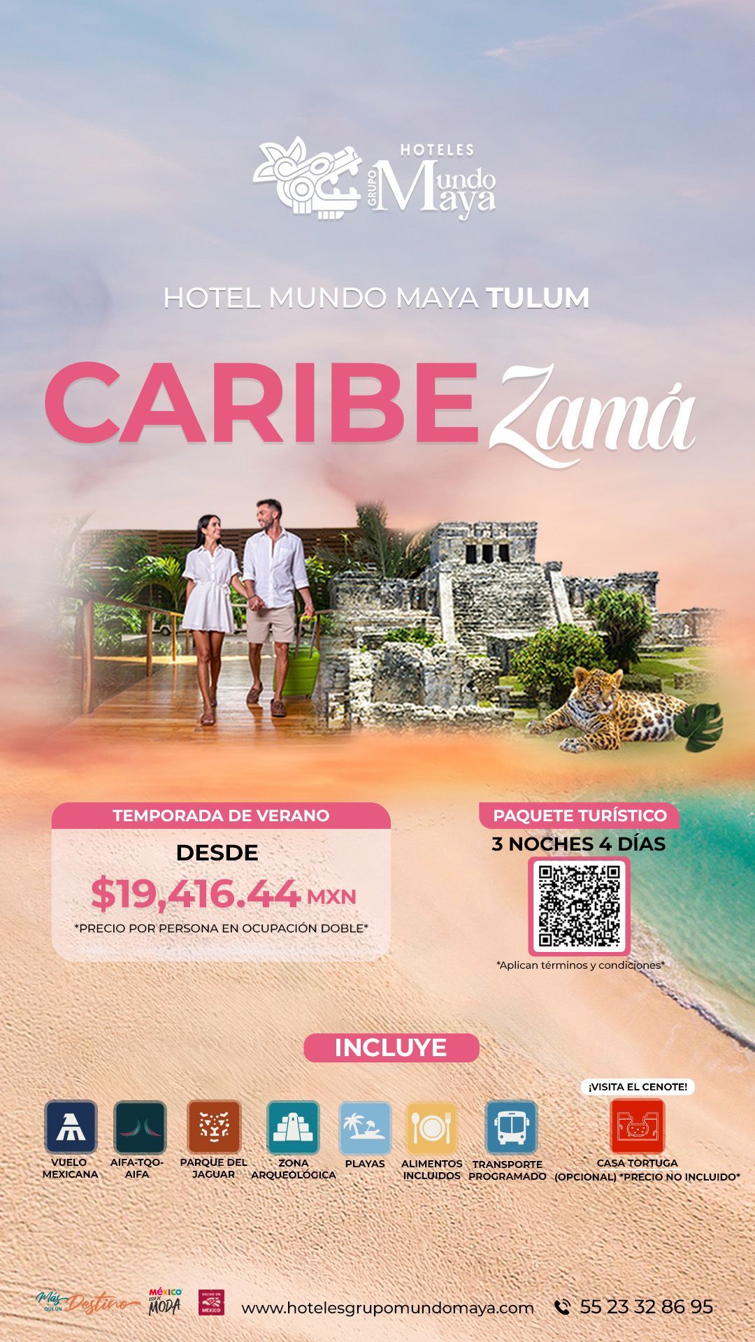 Hotel Muro alto e Muro: CARIBE Zama resort cartel publicitario con playa, villas, familia, precio y código QR