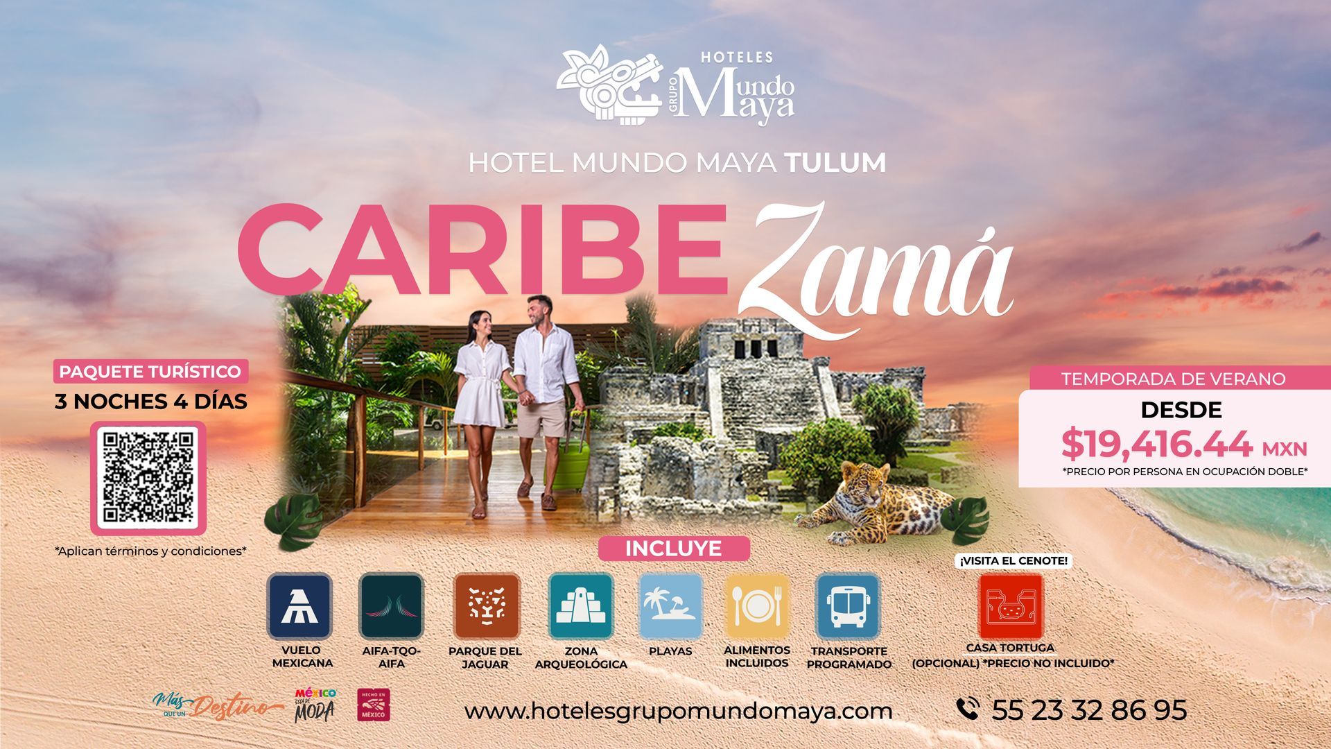 Folleto promocional del resort Caribe Zama con una pareja en la playa, logotipo, iconos de servicios y precio desde $19,416,445.