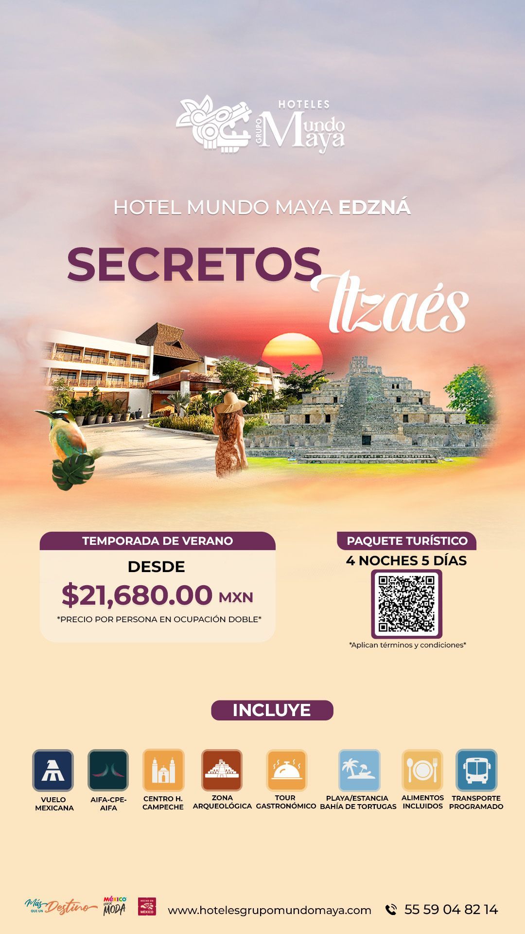 Anuncio turístico del Hotel Misión Mazatlán: atardeceres, playa, vista a la ciudad y precio $21,680.00 MXN por noche.