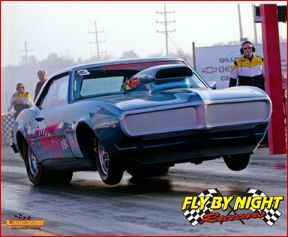 A picture of a car with the words fly by night on it