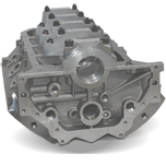 A close up of a cylinder block on a white background.