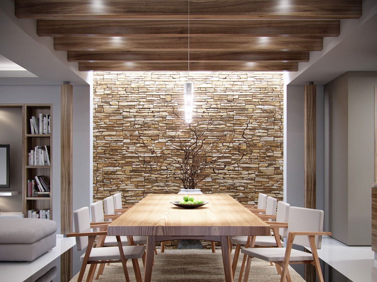 A dining room with a wooden table and chairs and a brick wall