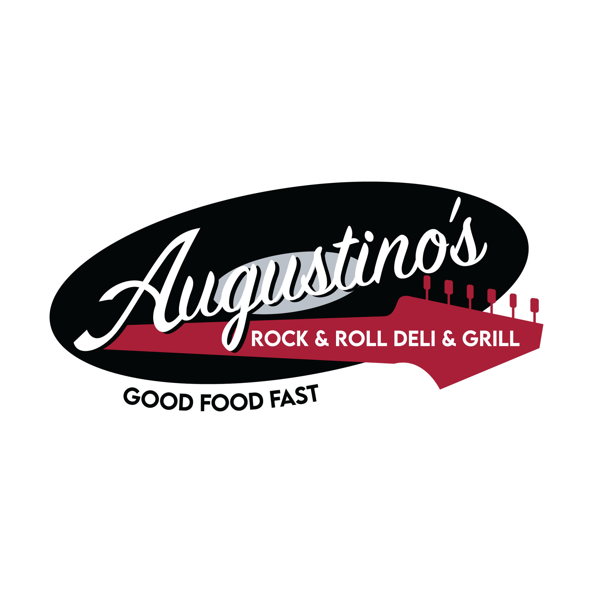Augustino's logo: black oval with white text, red guitar graphic, 
