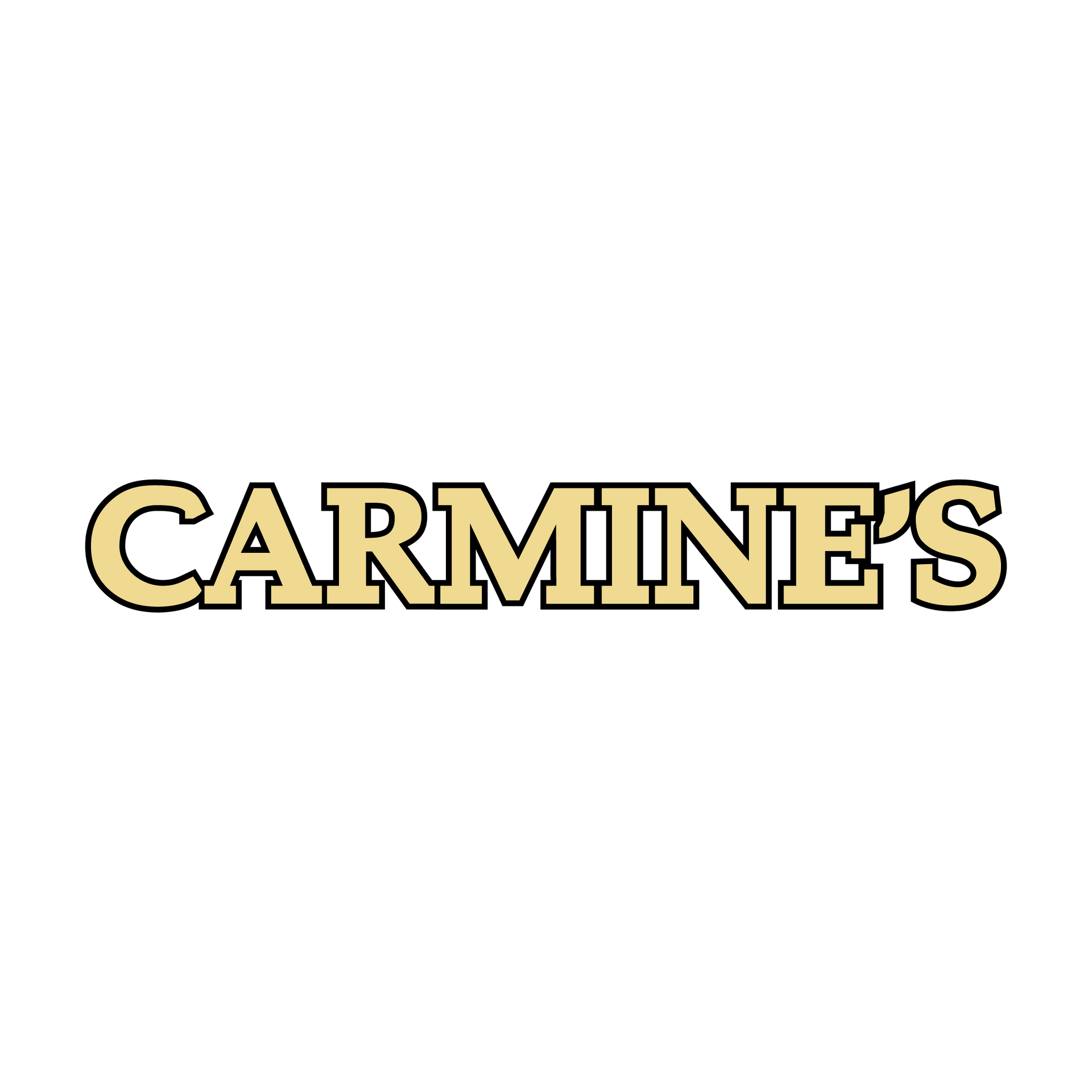 Carmine's restaurant logo in beige font with a black outline.