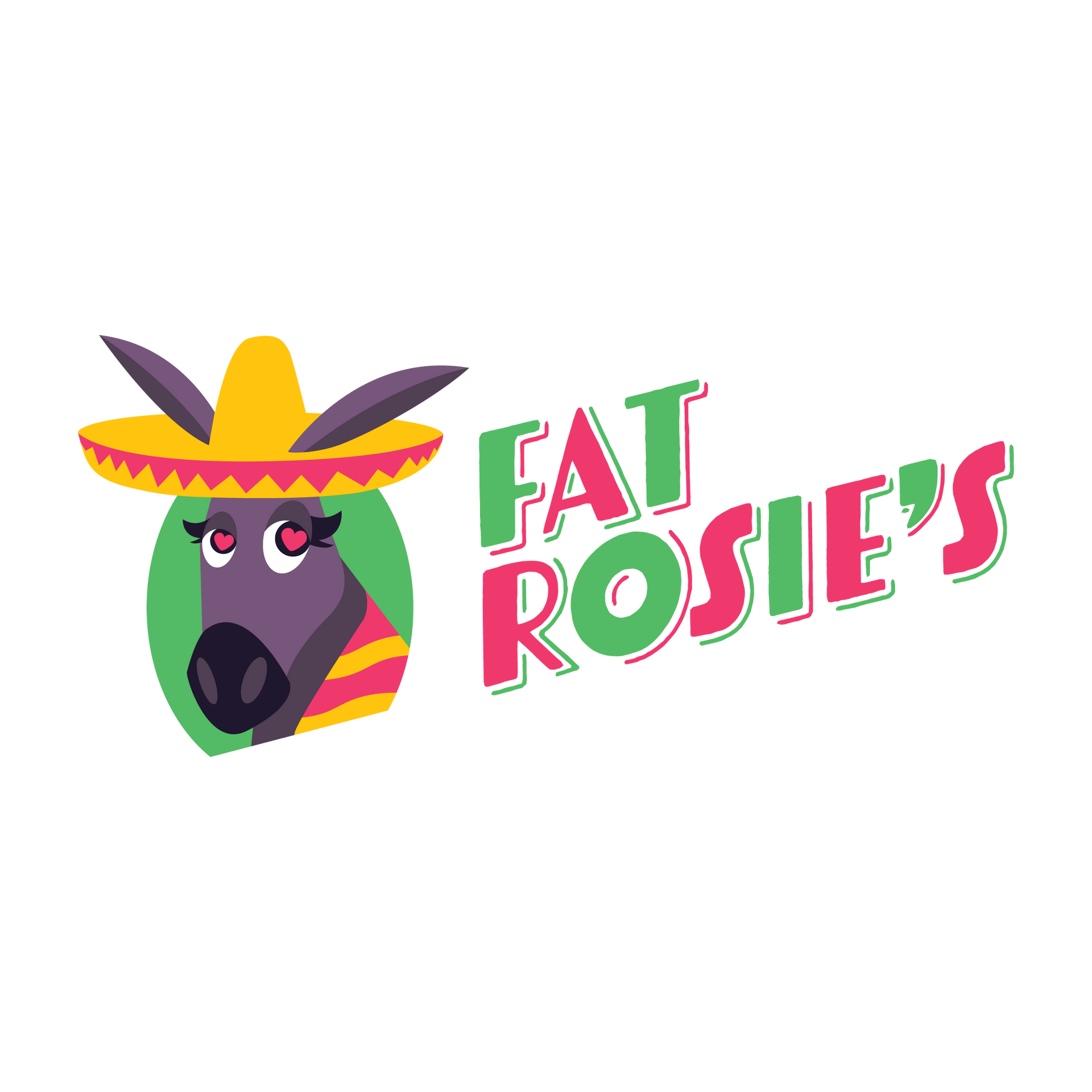 Logo for Fat Rosie's: a donkey wearing a sombrero and a tilted text in green and pink.