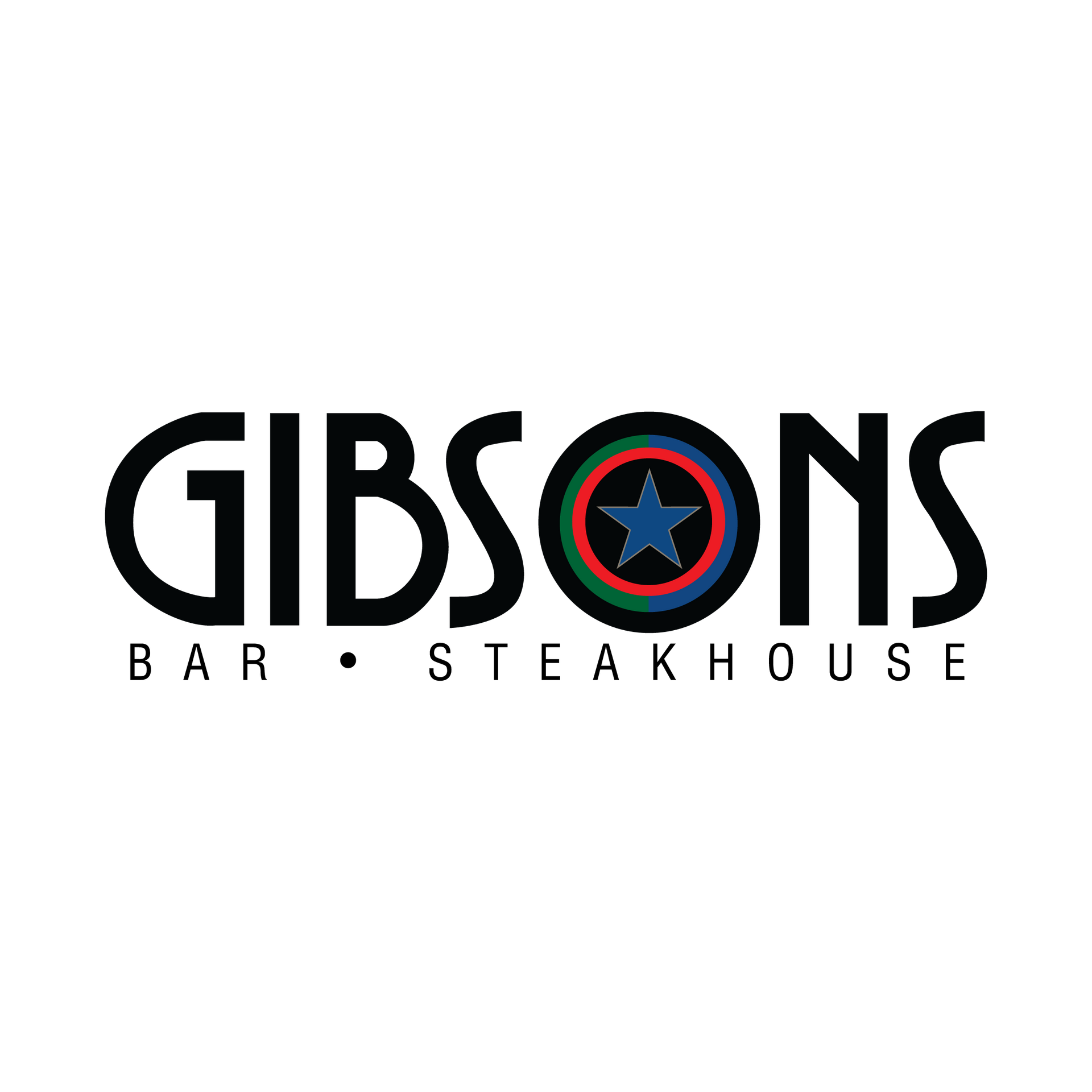 Gibsons Bar & Steakhouse logo: black text with a blue star and colored circle.