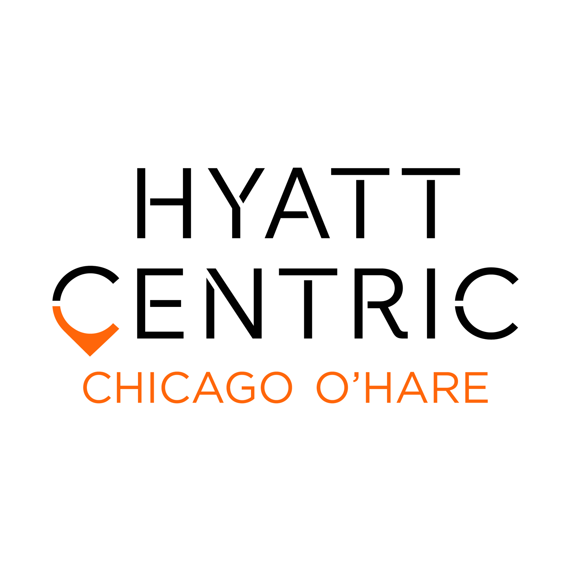 Logo for Hyatt Centric Chicago O'Hare: black text with orange accent, location tag on 