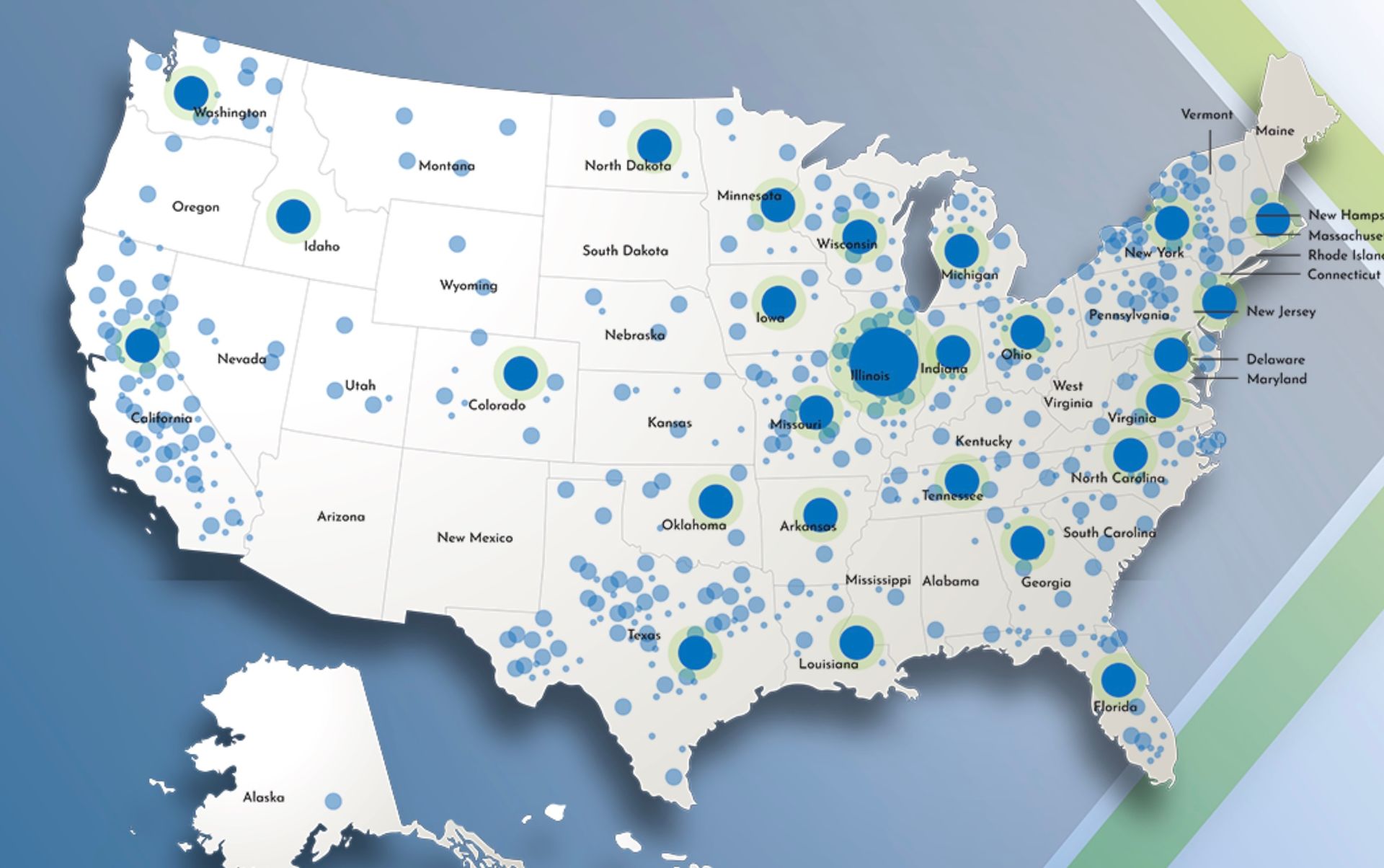 Map of the United States with blue dots of varying sizes indicating data points, likely locations.
