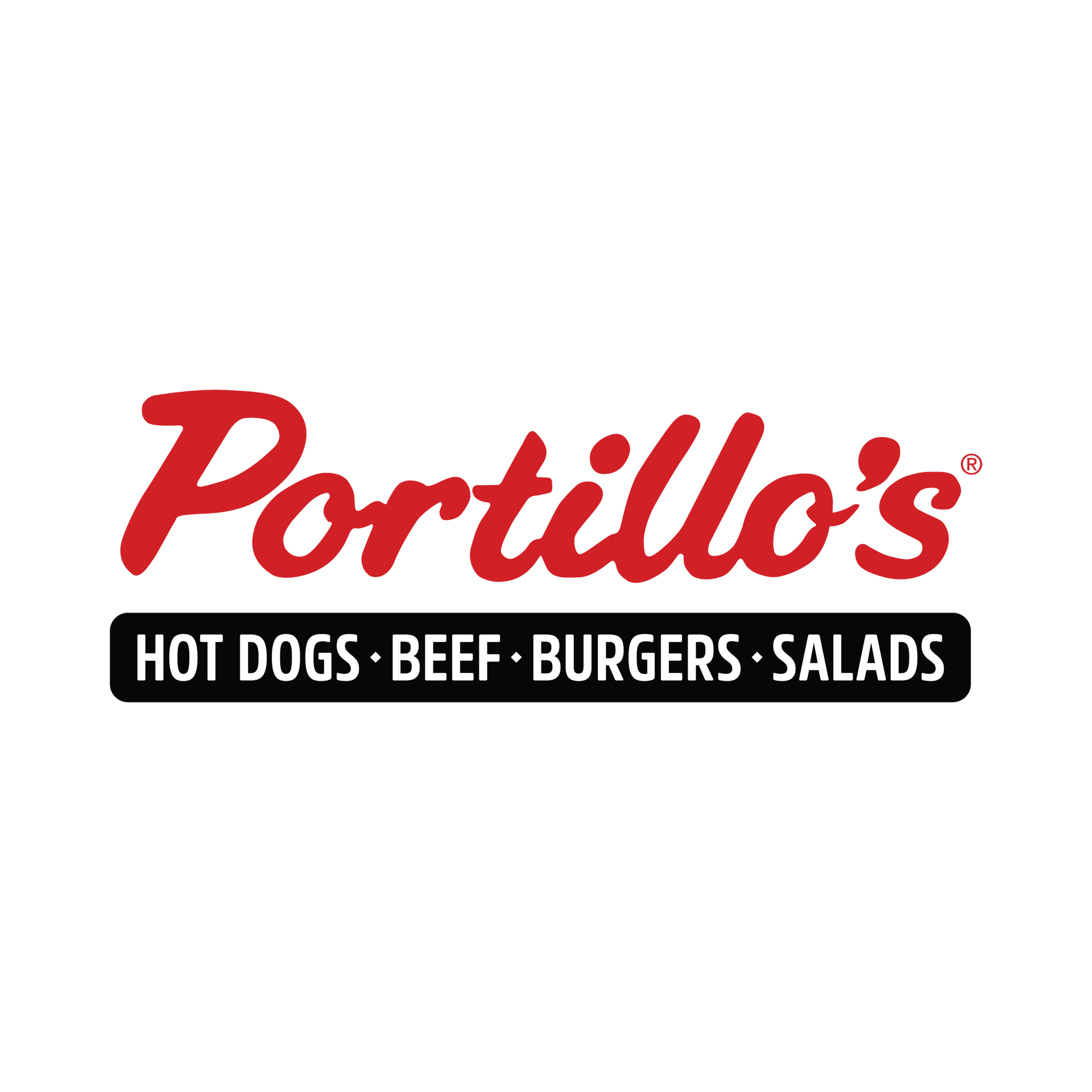 Portillo's logo: red cursive text over a black bar with menu items: hot dogs, beef, burgers, salads.