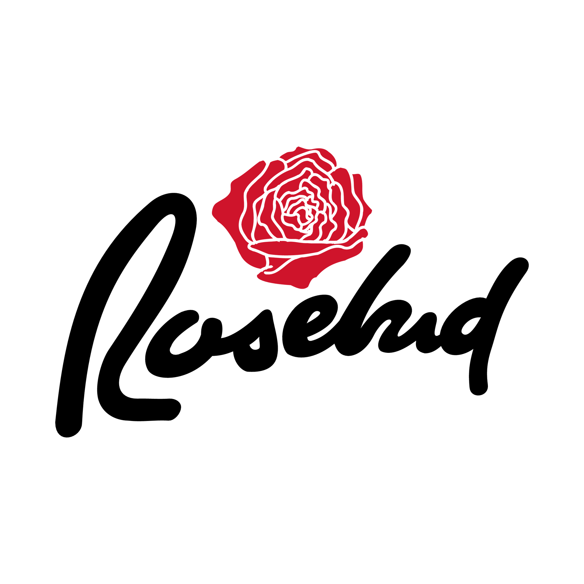 Rosebud logo with red rose and black cursive text.