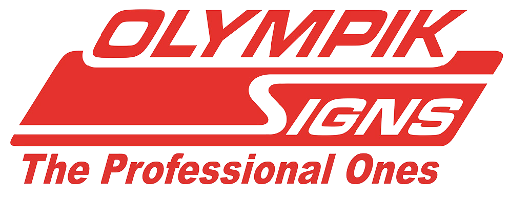 Logo for Olympik Signs: red and white text on a red angled rectangle. 