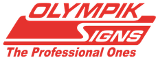 Logo for Olympik Signs: red and white text on a red angled rectangle. 