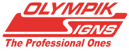 Logo for Olympik Signs: red and white text on a red angled rectangle. 