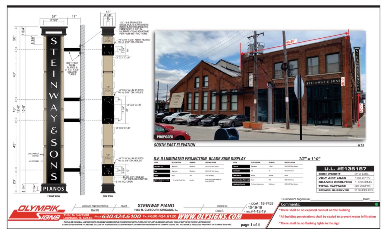 Architectural plan for a Steinway & Sons sign and building facade, displaying dimensions, materials, and a street view.
