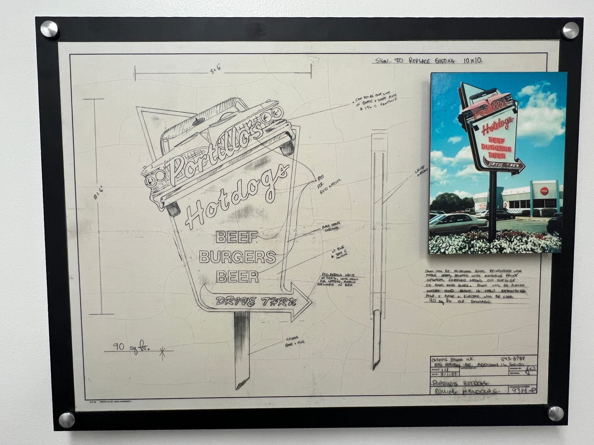 Blueprint and photo of a neon sign for a Harvey's restaurant, mounted on a black framed board.