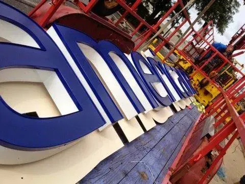 Sign with blue and white lettering
