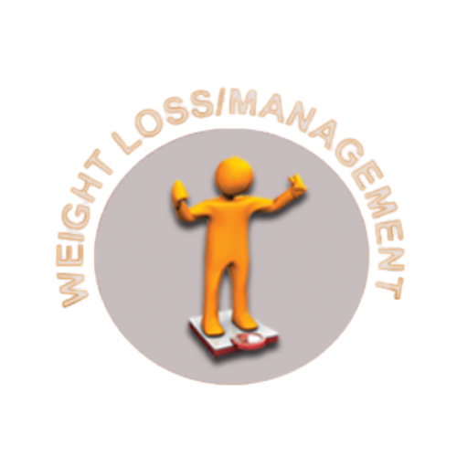 A logo for weight loss management with an orange figure on a scale