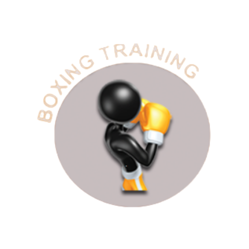A logo for boxing training with a stick figure wearing boxing gloves