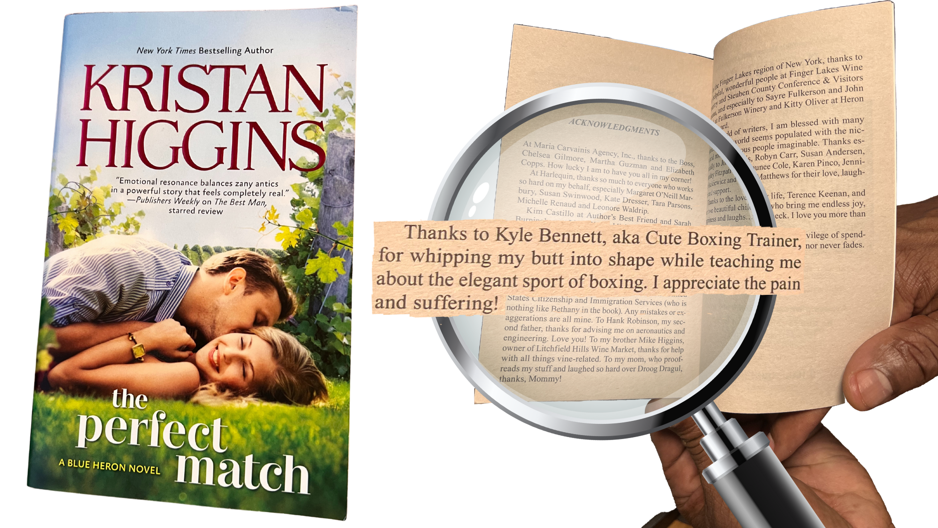 A magnifying glass is being used to read a book by kristen higgins