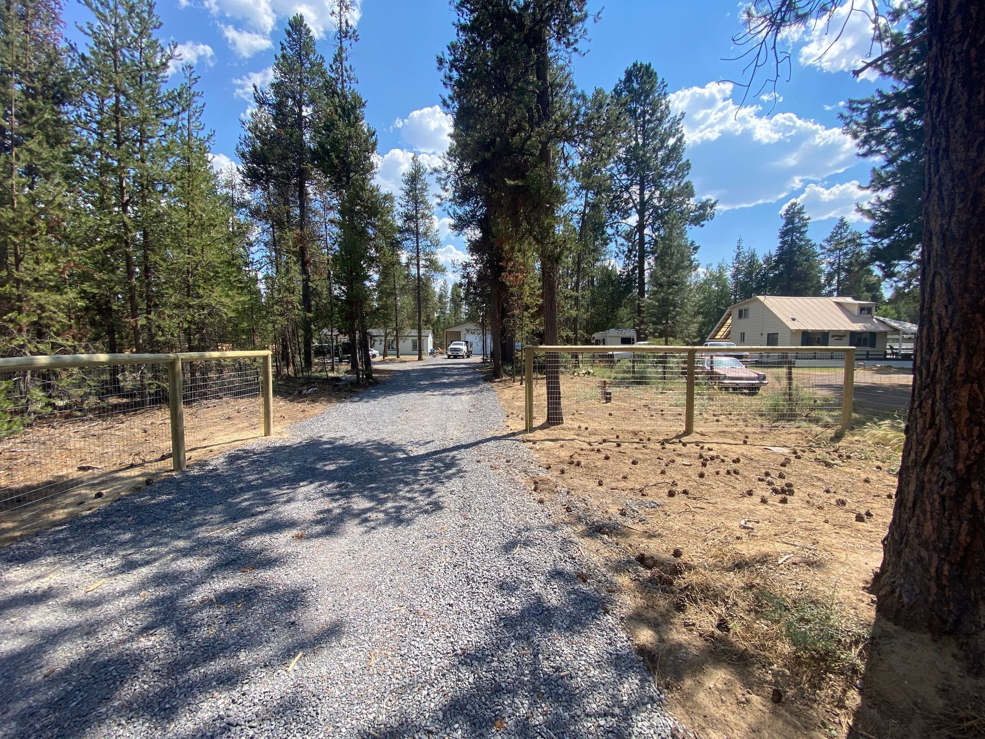 A gravel road leading to a house in the woods.