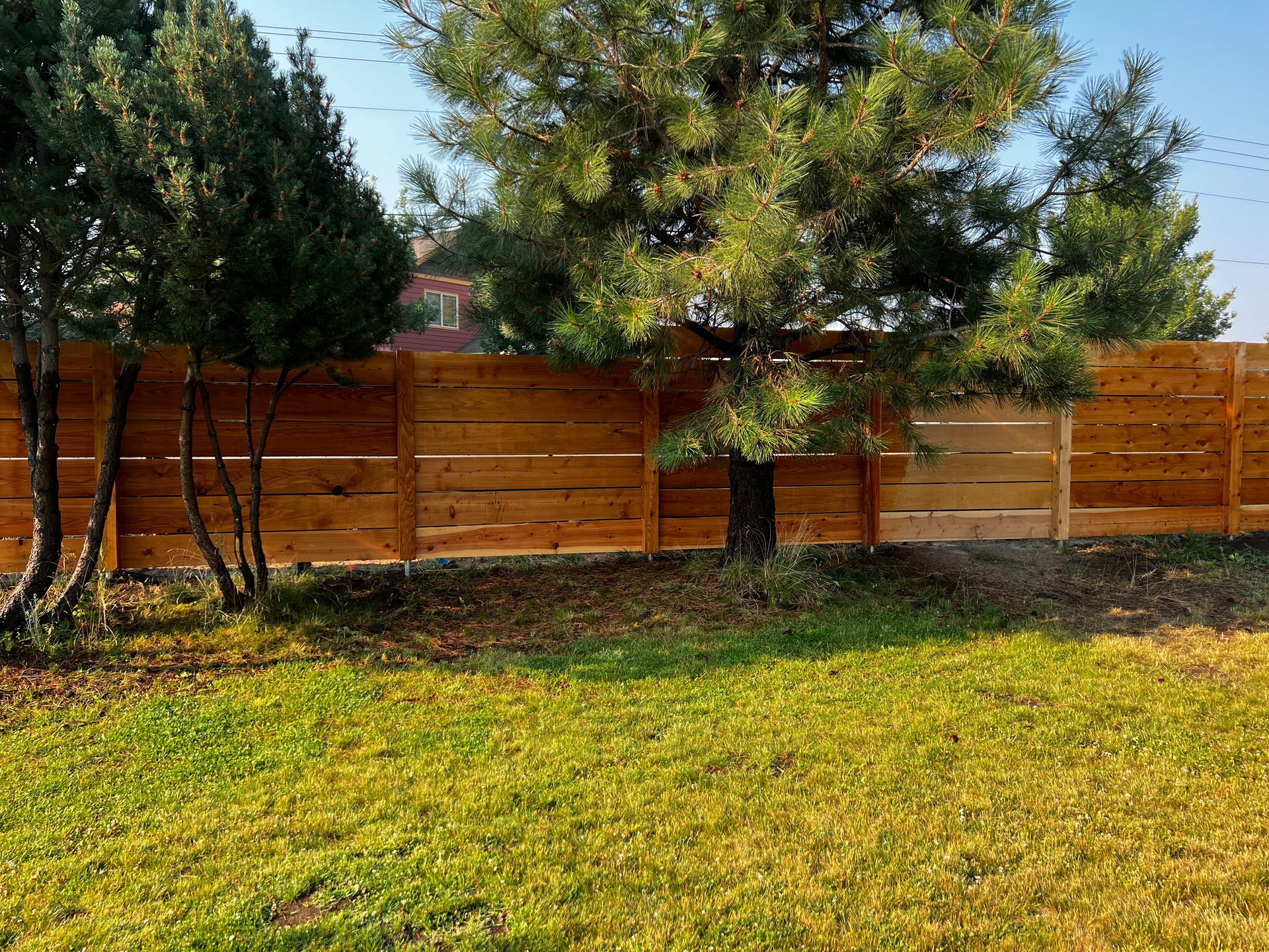 A wooden fence surrounds a lush green yard with trees in the background.