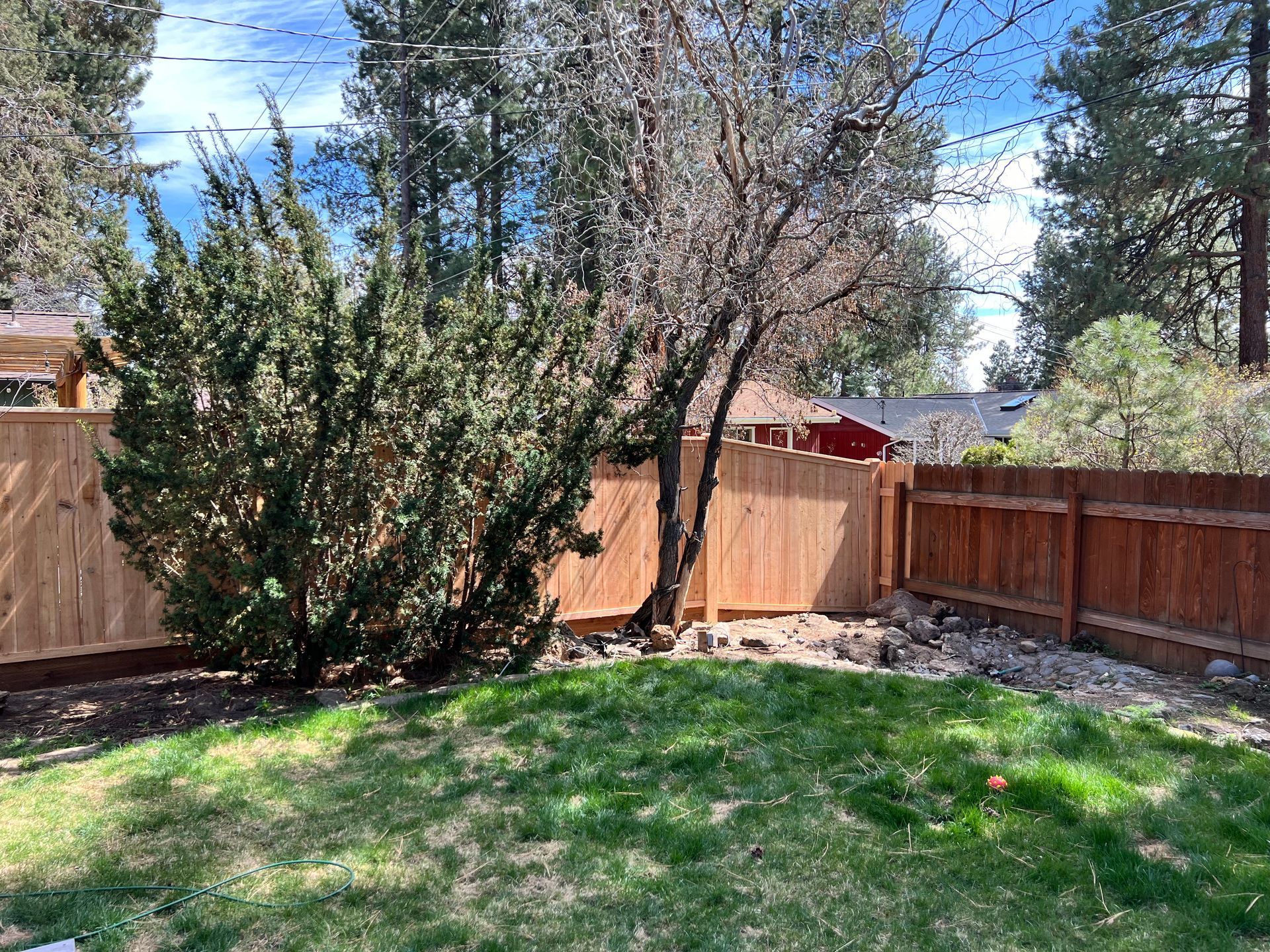 A backyard with a wooden fence and trees in the background.