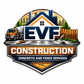 Logo for EVF Construction featuring a concrete truck, wooden fence, and city skyline, with orange and blue accents.
