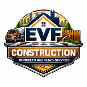 Logo for EVF Construction featuring a concrete truck, wooden fence, and city skyline, with orange and blue accents.