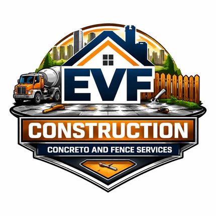 Logo for EVF Construction featuring a concrete truck, wooden fence, and city skyline, with orange and blue accents.