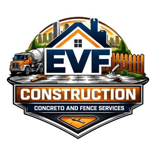 Logo for EVF Construction featuring a concrete truck, wooden fence, and city skyline, with orange and blue accents.